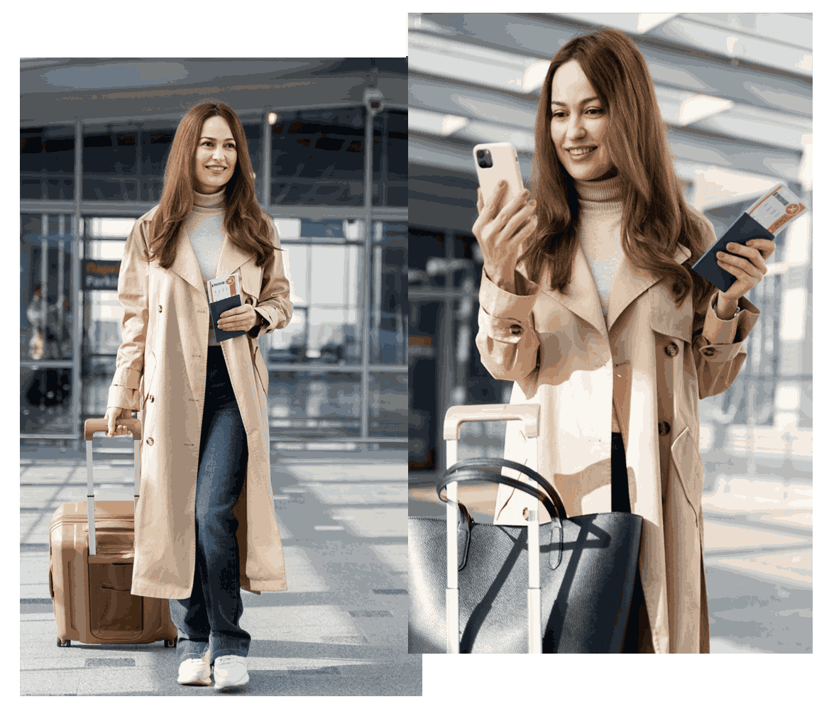 women on airport holding flight ticket in hand
